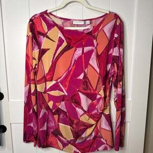 Susan Graver Knit Side-Drape Top - Pink Orange Geometric Mosaic Print, Size L